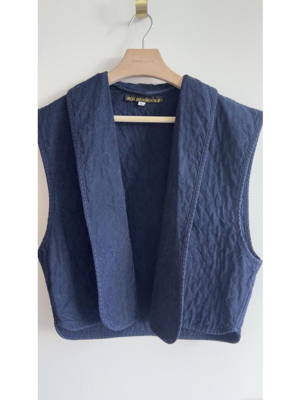 Jan Barboglio Quilted Cotton Open Front Vest Blue Size 8 Made in USA